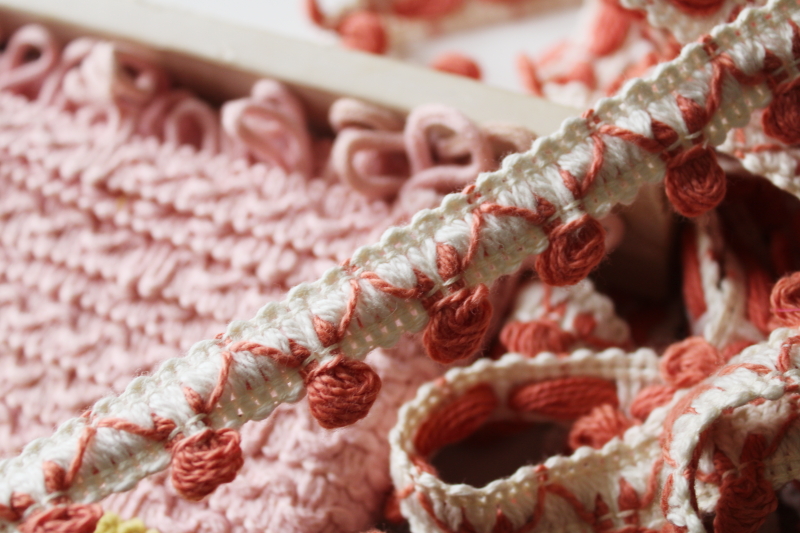 photo of vintage cotton upholstery or lampshade trims, retro pastels pink yellow, looped braid & fringe #5
