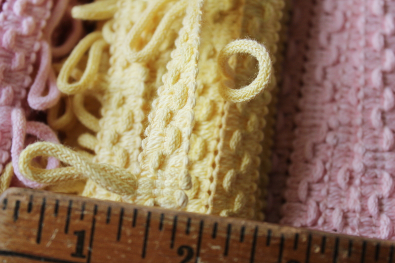 photo of vintage cotton upholstery or lampshade trims, retro pastels pink yellow, looped braid & fringe #6