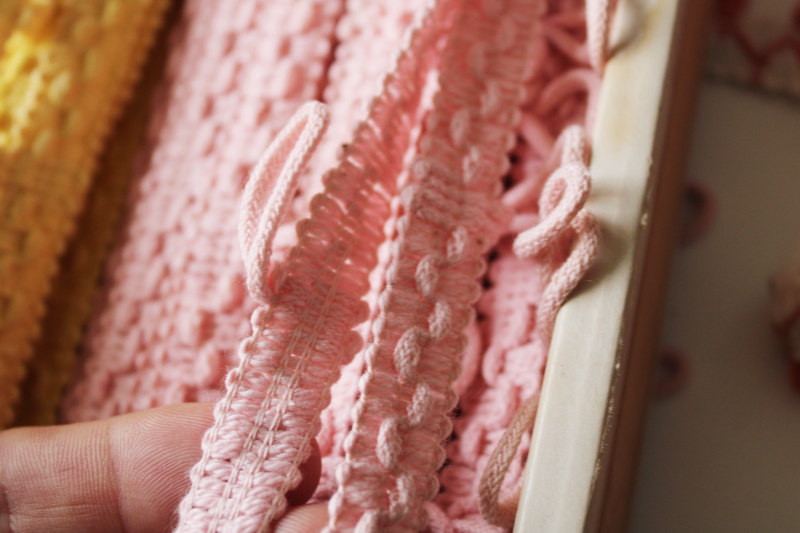 photo of vintage cotton upholstery or lampshade trims, retro pastels pink yellow, looped braid & fringe #7