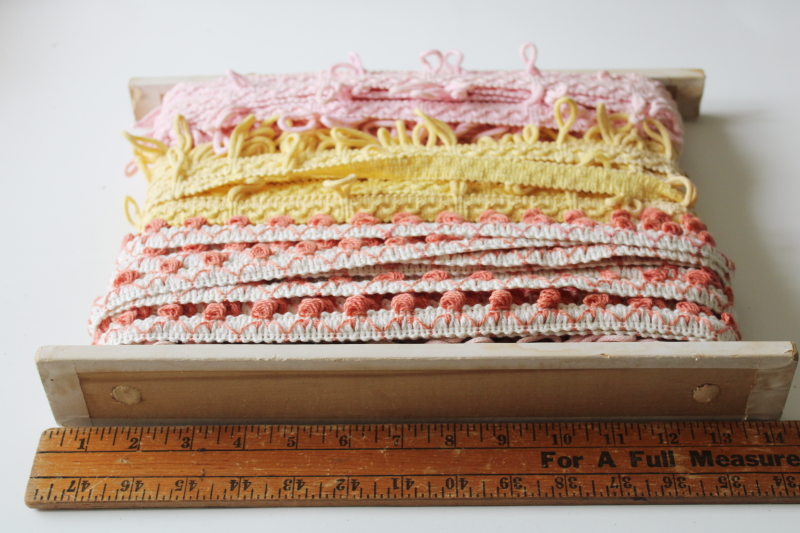 photo of vintage cotton upholstery or lampshade trims, retro pastels pink yellow, looped braid & fringe #8