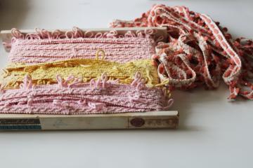 catalog photo of vintage cotton upholstery or lampshade trims, retro pastels pink yellow, looped braid & fringe 