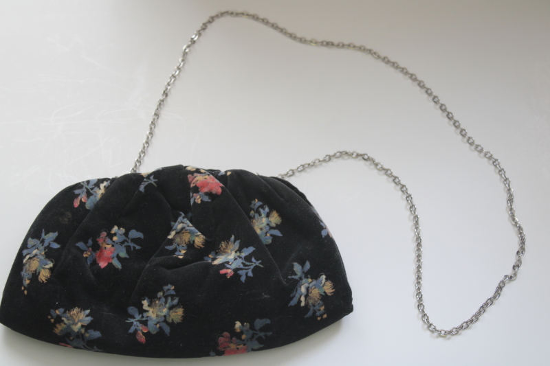 photo of vintage cotton velvet evening bag, long chain strap clutch purse, floral print black velveteen #1