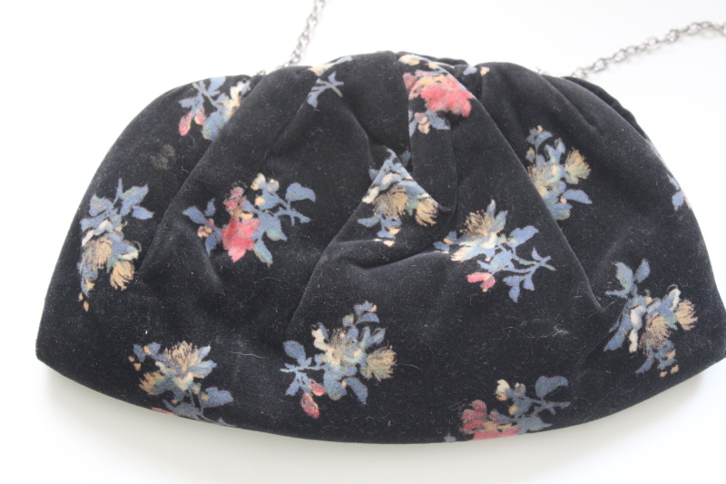 photo of vintage cotton velvet evening bag, long chain strap clutch purse, floral print black velveteen #2