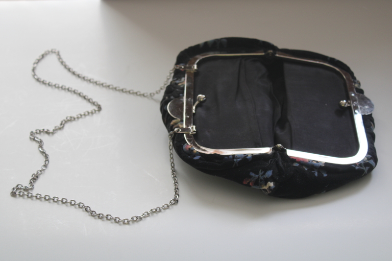 photo of vintage cotton velvet evening bag, long chain strap clutch purse, floral print black velveteen #5