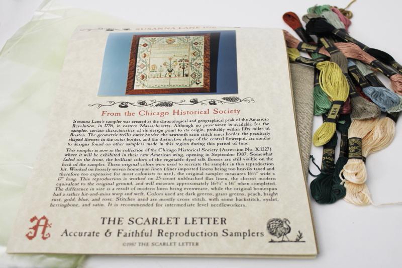 photo of vintage counted cross stitch kit, antique reproduction sampler flax linen & embroidery floss #1