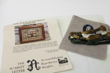 catalog photo of vintage counted cross stitch kit, antique reproduction sampler flax linen & embroidery floss