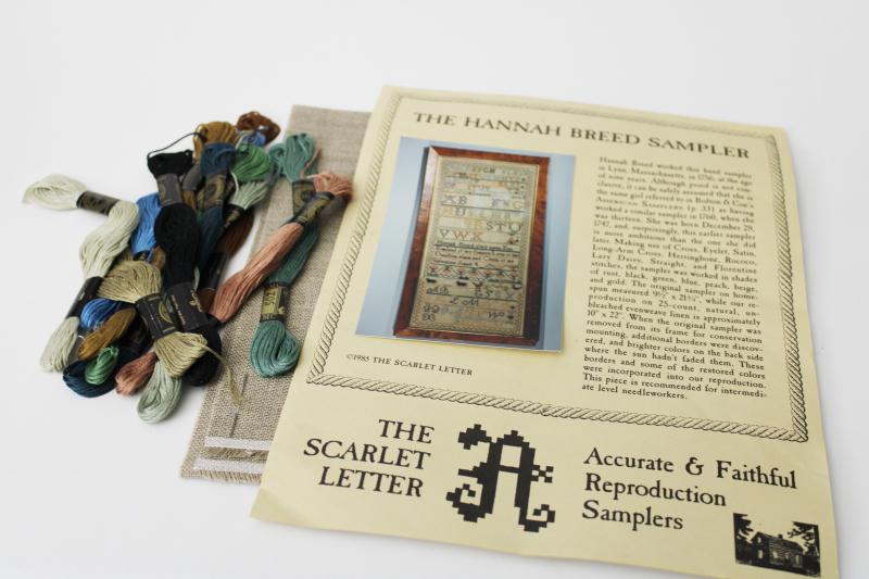 photo of vintage counted cross stitch kit, antique reproduction sampler flax linen & embroidery floss #1