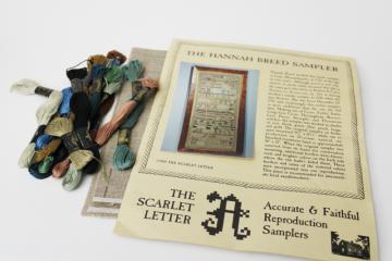 catalog photo of vintage counted cross stitch kit, antique reproduction sampler flax linen & embroidery floss