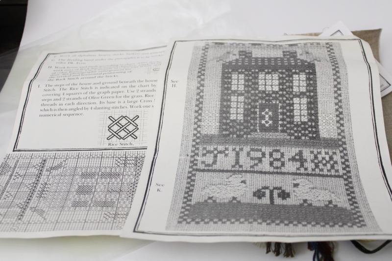 photo of vintage counted cross stitch kit, primitive style sampler flax linen & embroidery floss #2