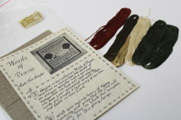 photo of vintage counted cross stitch kit, words of praise sampler flax linen & embroidery floss