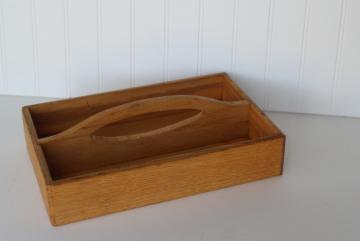 catalog photo of vintage country primitive pine knife box or silverware tray, wood tote w/ handle