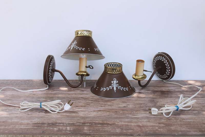 photo of vintage country style toleware lamps w/ metal shades, pair reading lights pin up wall mount sconces #1