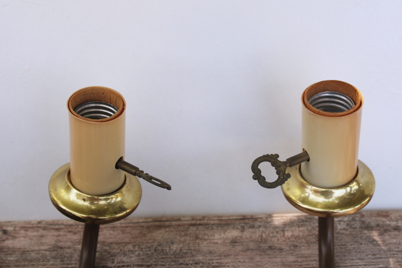 photo of vintage country style toleware lamps w/ metal shades, pair reading lights pin up wall mount sconces #9