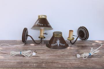 catalog photo of vintage country style toleware lamps w/ metal shades, pair reading lights pin up wall mount sconces