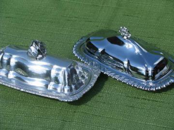 catalog photo of vintage covered butter dishes w/ glass liner plates, chrome and aluminum