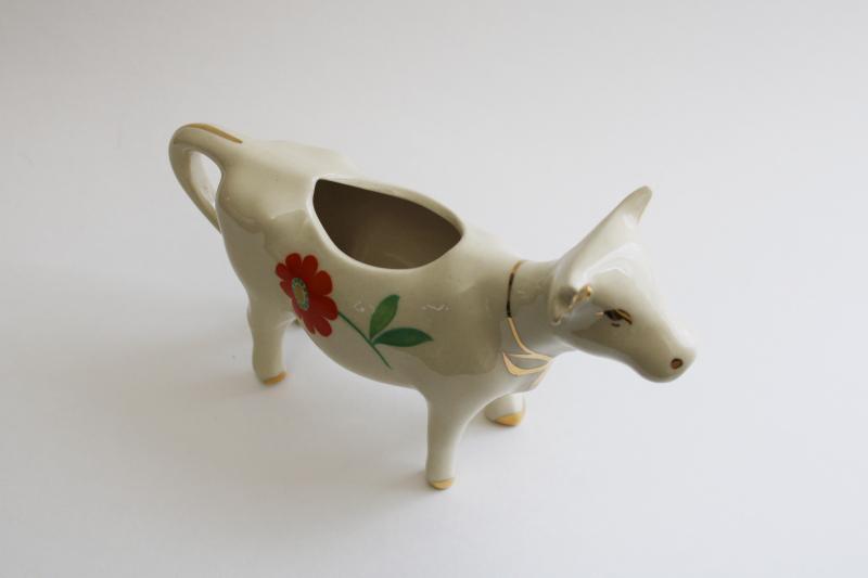 photo of vintage cow cream pitcher, hand painted flowers Pennsylvania dutch folk art #2