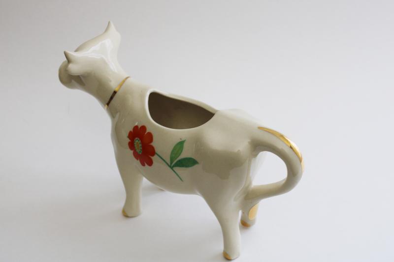 photo of vintage cow cream pitcher, hand painted flowers Pennsylvania dutch folk art #4