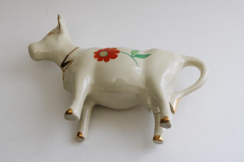 photo of vintage cow cream pitcher, hand painted flowers Pennsylvania dutch folk art #5