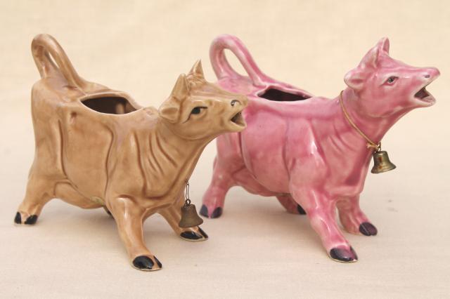 photo of vintage cow cream pitchers, brown cow & pink cow creamers w/ bells, ceramic cows made in Japan #4