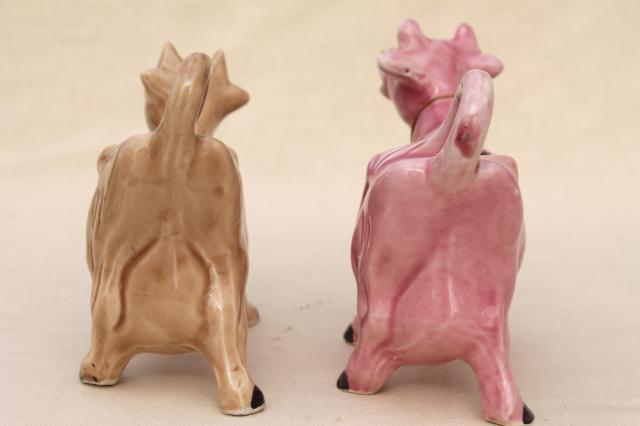 photo of vintage cow cream pitchers, brown cow & pink cow creamers w/ bells, ceramic cows made in Japan #10