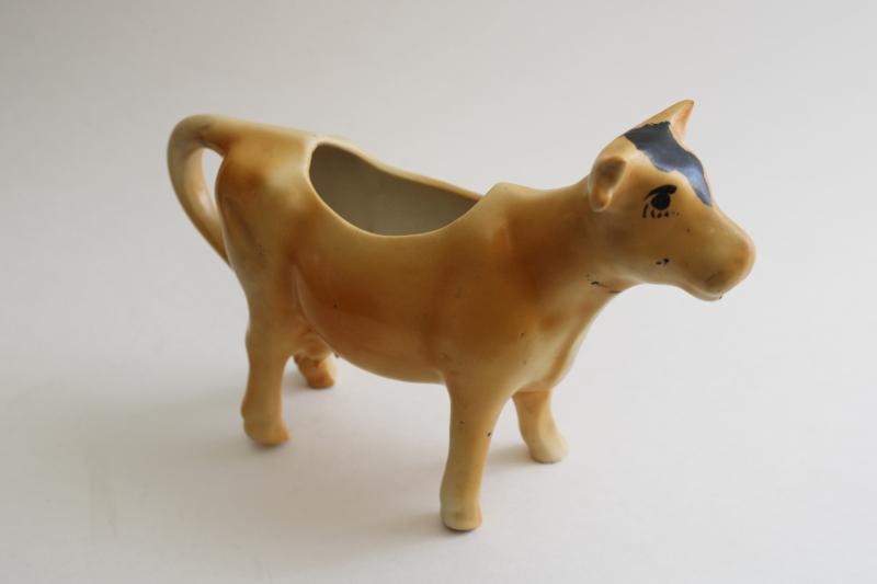 photo of vintage cow creamer, hand painted brown cow rustic primitive folk art cow pitcher #1