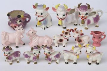 catalog photo of vintage cow creamers, salt & pepper shakers - cow collection pink & purple cows!