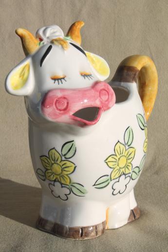 photo of vintage cow shaped milk pitcher, shy smiling cow w/ flower power daisies! #1