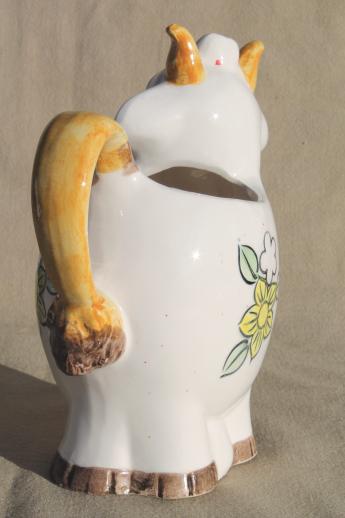 photo of vintage cow shaped milk pitcher, shy smiling cow w/ flower power daisies! #3