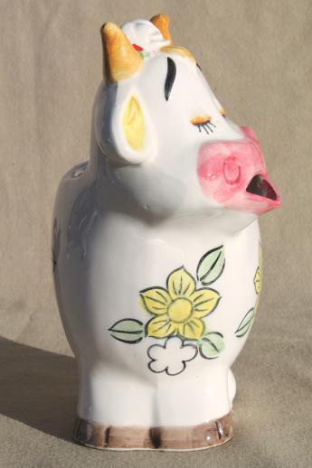 photo of vintage cow shaped milk pitcher, shy smiling cow w/ flower power daisies! #5