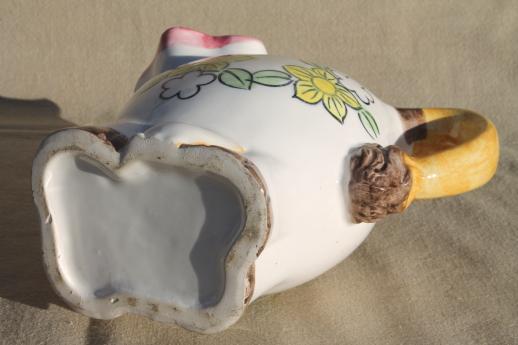 photo of vintage cow shaped milk pitcher, shy smiling cow w/ flower power daisies! #7