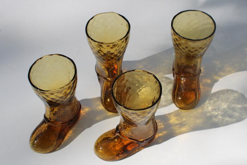 photo of vintage cowboy boot figural amber glass drinking glasses, retro western style barware #1