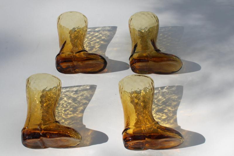 photo of vintage cowboy boot figural amber glass drinking glasses, retro western style barware #3