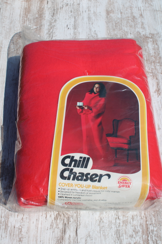 photo of vintage cozy red snuggie wearable blanket wrap woven acrylic in original package 70s Chill Chaser  #1