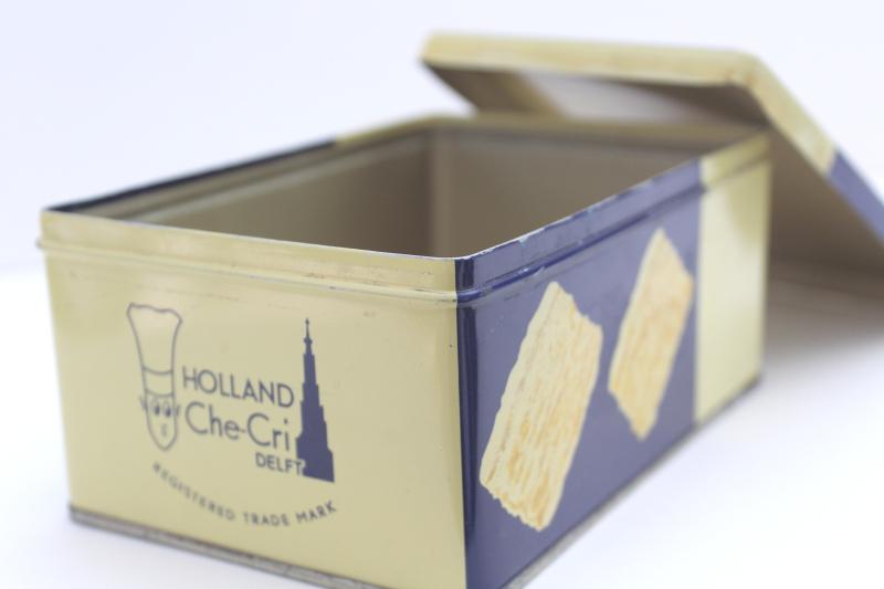 photo of vintage cracker tin, Holland Cheese crackers advertising w/ cows & Dutch scene #6