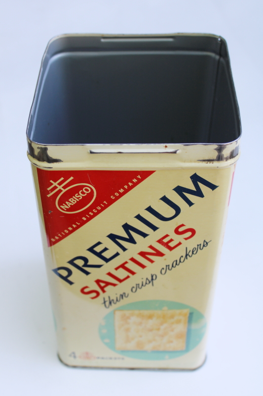 photo of vintage cracker tin, Nabisco Premium saltines advertising can no lid, kitchen utensil holder  #1