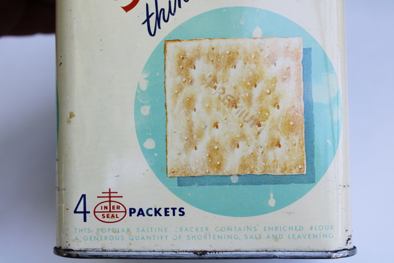 photo of vintage cracker tin, Nabisco Premium saltines advertising can no lid, kitchen utensil holder  #3