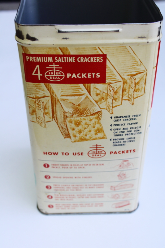 photo of vintage cracker tin, Nabisco Premium saltines advertising can no lid, kitchen utensil holder  #4
