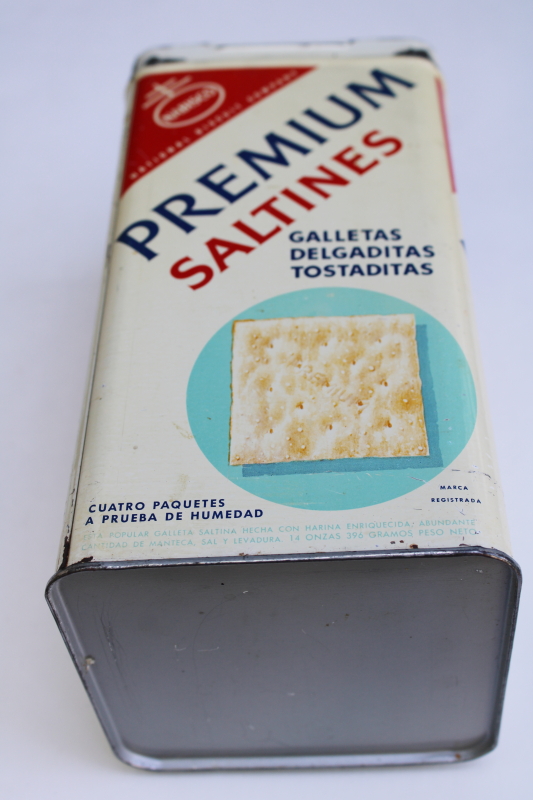 photo of vintage cracker tin, Nabisco Premium saltines advertising can no lid, kitchen utensil holder  #6