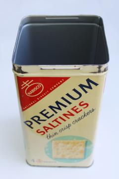 catalog photo of vintage cracker tin, Nabisco Premium saltines advertising can no lid, kitchen utensil holder 