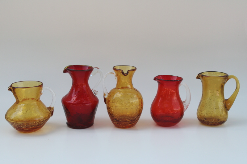 photo of vintage crackle glass, collection of mini pitchers hand blown art glass amber, red, orange #1