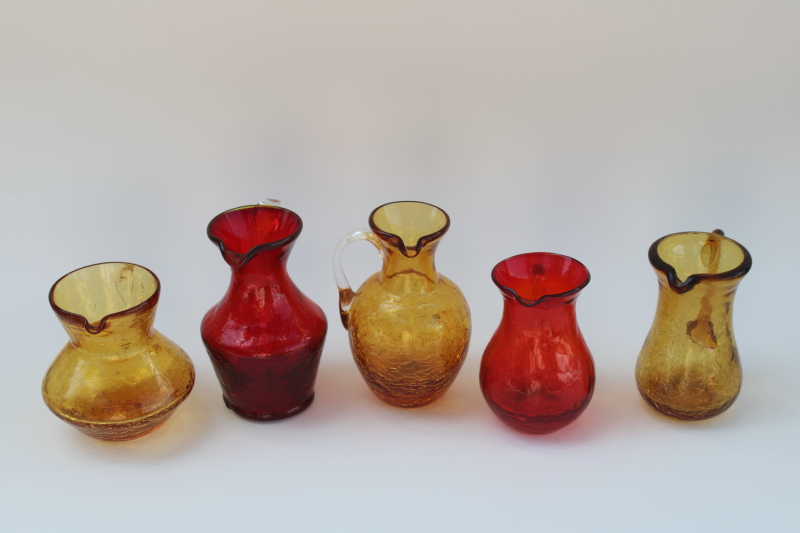 photo of vintage crackle glass, collection of mini pitchers hand blown art glass amber, red, orange #2