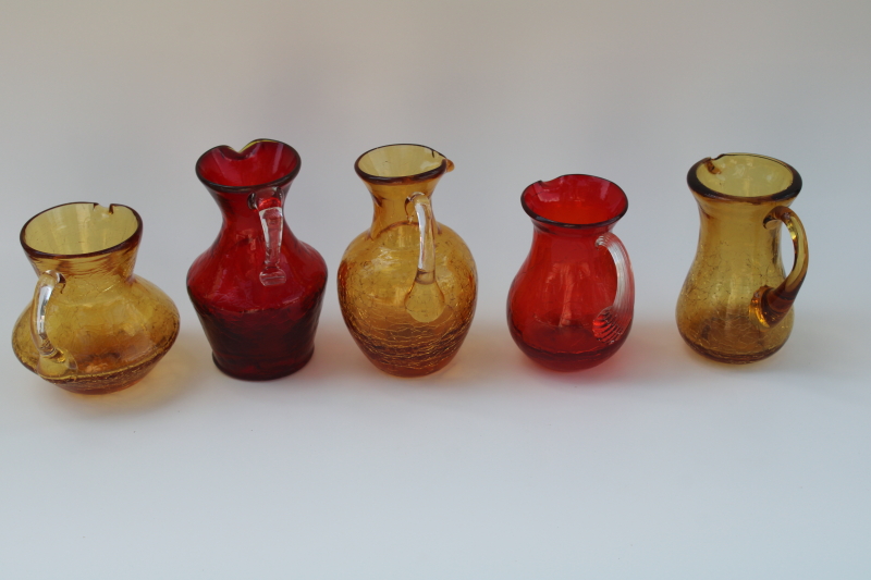 photo of vintage crackle glass, collection of mini pitchers hand blown art glass amber, red, orange #3