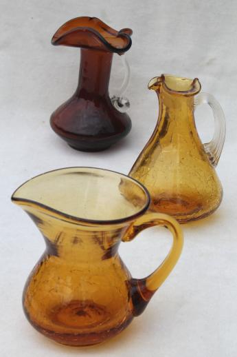 photo of vintage crackle glass pitcher lot, collection of amber glass mini pitchers #1