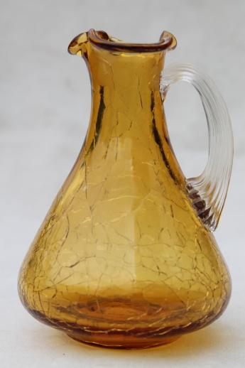 photo of vintage crackle glass pitcher lot, collection of amber glass mini pitchers #3