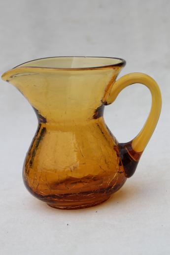 photo of vintage crackle glass pitcher lot, collection of amber glass mini pitchers #4