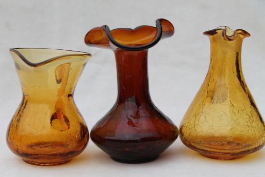 photo of vintage crackle glass pitcher lot, collection of amber glass mini pitchers #5