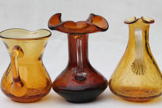 photo of vintage crackle glass pitcher lot, collection of amber glass mini pitchers #6