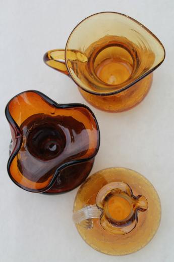 photo of vintage crackle glass pitcher lot, collection of amber glass mini pitchers #7