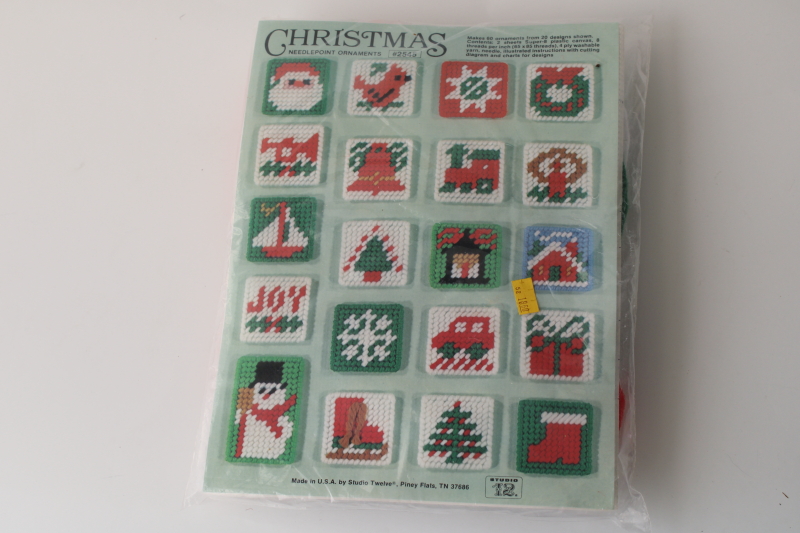 photo of vintage craft kit plastic canvas Christmas ornaments, 60 mini squares includes yarn canvas instructions  #1