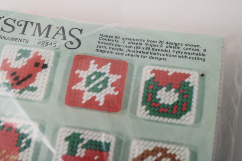 photo of vintage craft kit plastic canvas Christmas ornaments, 60 mini squares includes yarn canvas instructions  #2